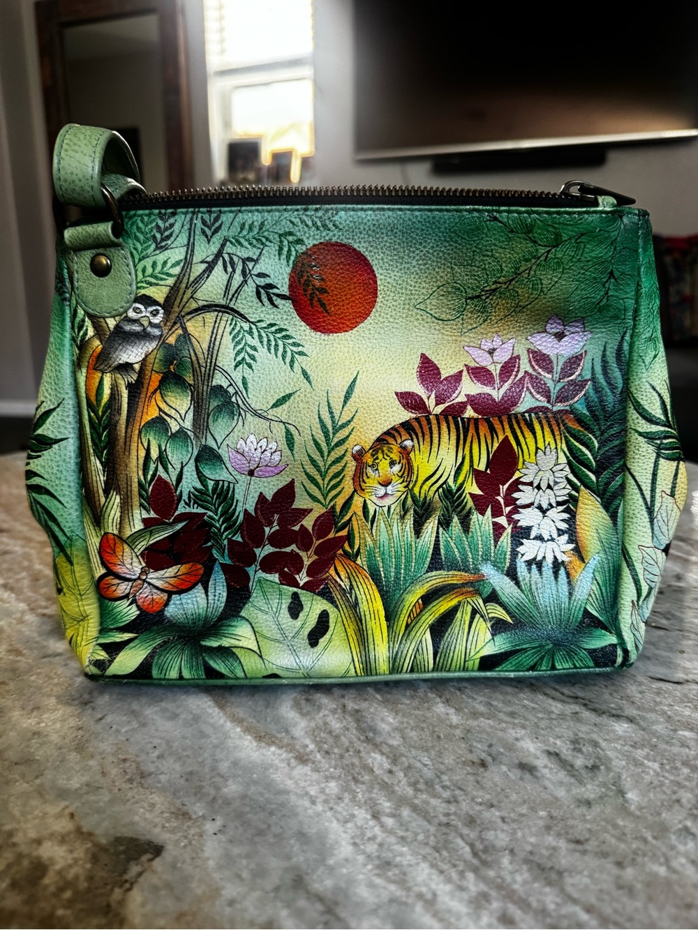 Anuschka Hand-Painted Jungle Print Green Wristlet Pouch